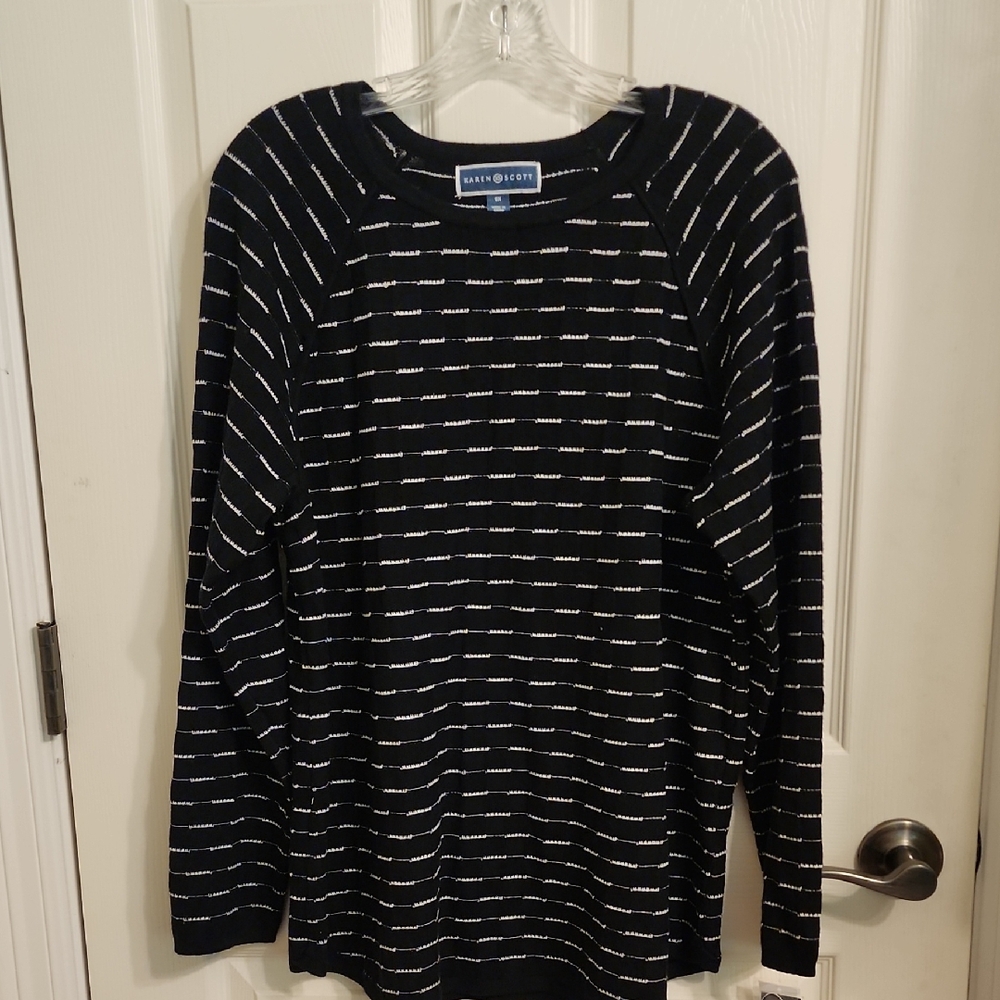 Karen Scott Black and White Striped Long Sleeve Top